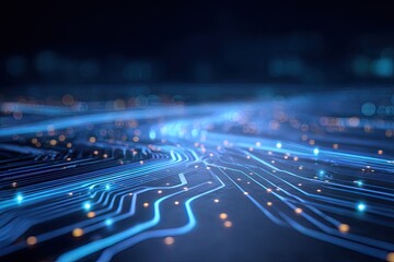 Abstract circuit board.  Intricate network of glowing, blue-lit pathways and nodes