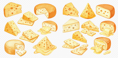 A diverse collection of watercolor cheese illustrations, featuring wheels, wedges, slices, and melting pieces with holes.