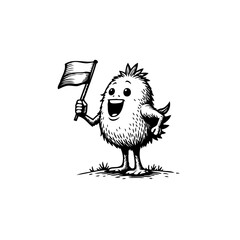 A whimsical ink drawing of a cheerful chick waving a flag celebrating with enthusiasm