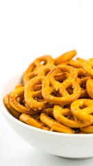 A white bowl filled with small, golden-brown pretzels sits against a bright white background