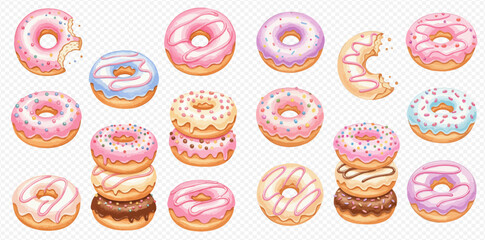A collection of assorted delicious donuts, various pastel glazes and sprinkles.