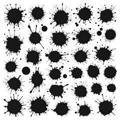 A grid showcases various ink splatter shapes, differing in size and splatter patterns, against a white backdrop