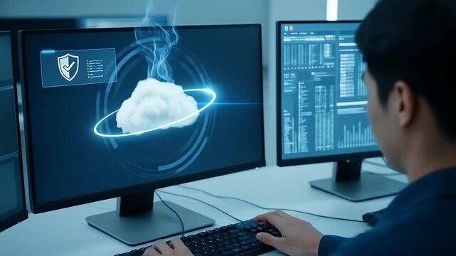 Over-shoulder operator types as a cloud ring completes on screen; a small shield-check pulses forward and dust-like bits drift, signaling backup done