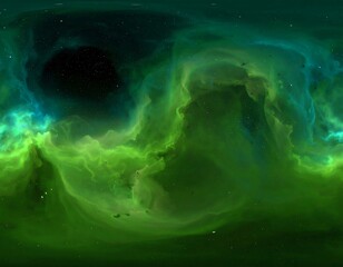 A 360? view of a nebula, swirling green and teal gases dominate, speckled with distant stars