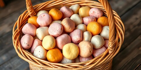 Wicker basket overflowing with assorted pastel de feira,  yellow,  beige
