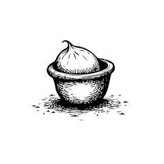 An artistic rendering of a single small onion sitting snugly inside of a miniature bowl sketch style
