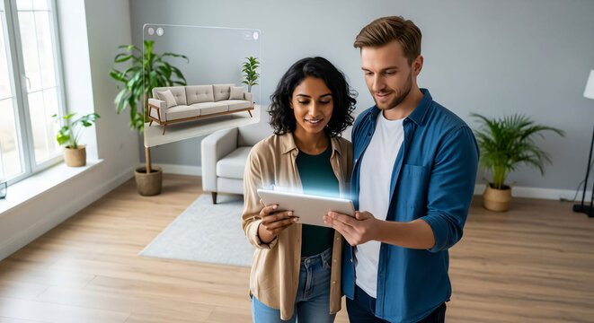Augmented Reality Interior Design: Couple Planning Home Decor with Tablet