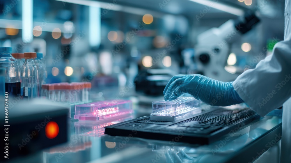 Poster researcher operating automated gene sequencer in a controlled lab setting main focus on hands adjust