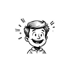 Black and white illustration showcases a cheerful young boy with playful expression and a positive