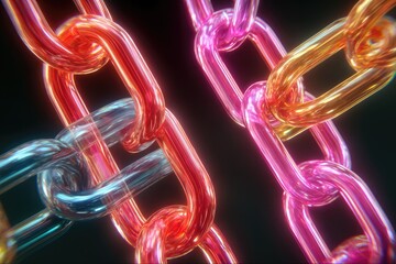 Intertwined, vibrant chains of translucent, glowing colors against a dark background
