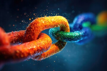 Colorful chain link, vibrant hues, particles