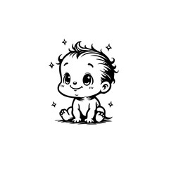 Charming baby illustration with whimsical stars captures innocence in a monochromatic design