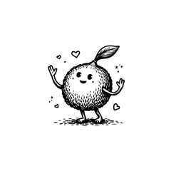 Charming black and white cartoon fruit character radiating happiness and affection in playful