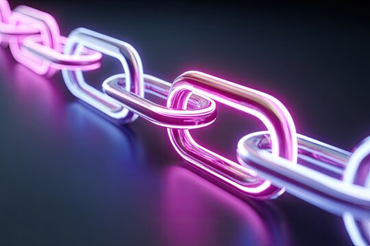 Neon chain links, pink and blue, on dark surface