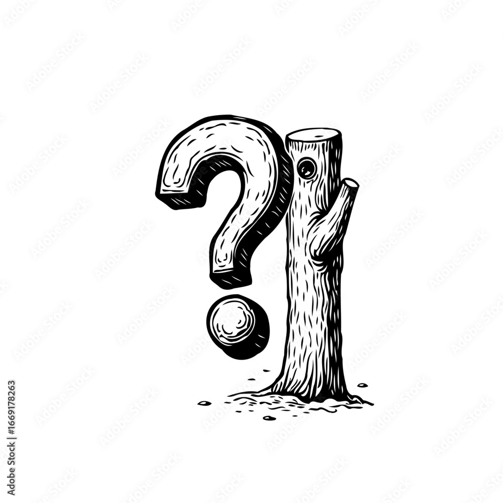 Poster conceptual illustration of a question mark standing beside a tree trunk representing nature's