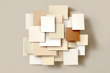 Abstract arrangement of overlapping squares in beige, cream, and terracotta tones
