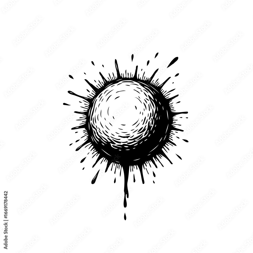 Poster dark sphere radiating outward with distressed ink patterns creating a dynamic graphic element