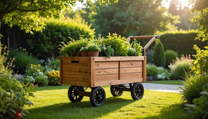 Wooden garden cart with plants.