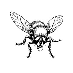 Detailed entomological illustration of a housefly with outstretched wings offering a unique