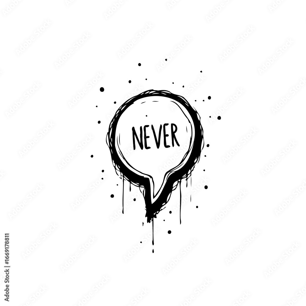 Poster distressed never expression inside dialogue bubble creating an effect dripping with scattered ink