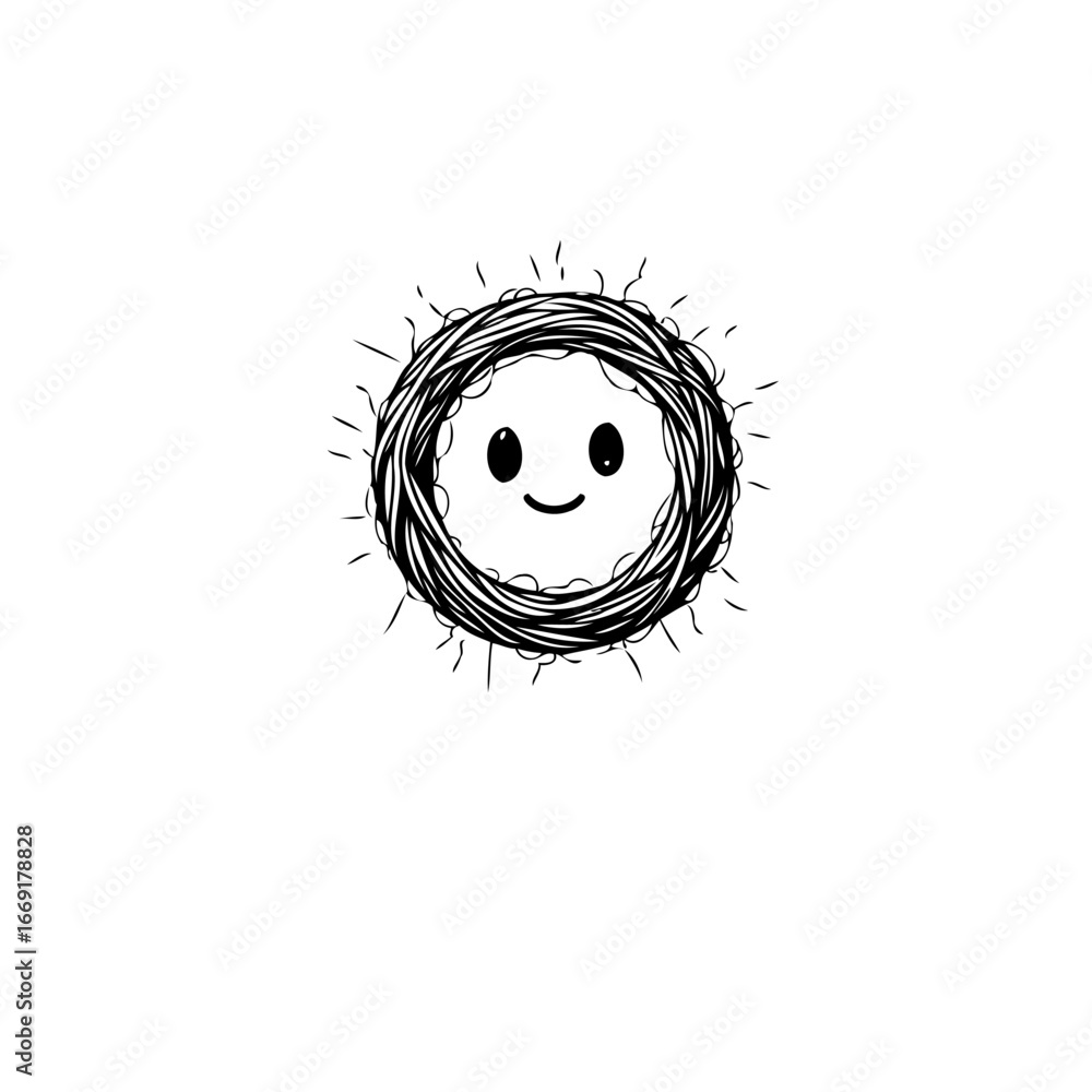 Poster Doodle of a smiling sun-like figure with radiating lines and messy scribbled circle shape element