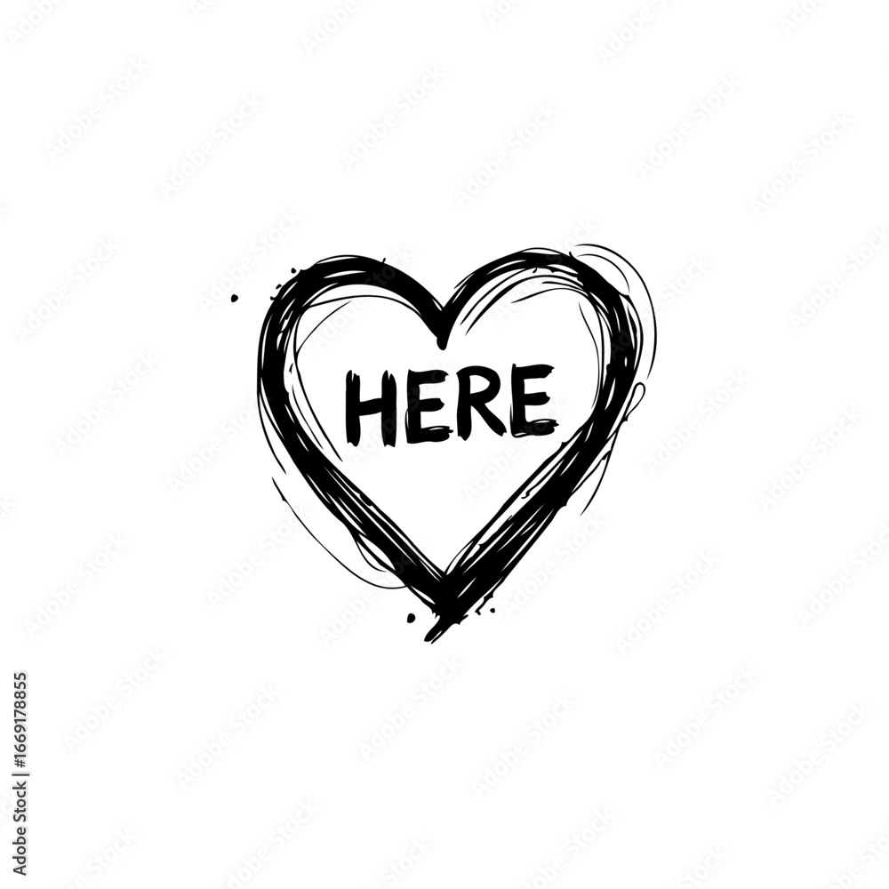 Poster drawn heart symbolizes affection with 'here' inscribed representing position or presence in