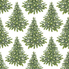 Watercolor seamless pattern with Christmas tree with gold garland on white background. Forest evergreen fir or pine for sticker or card. Hand-drawn art for New Year celebration wrapping or wallpaper