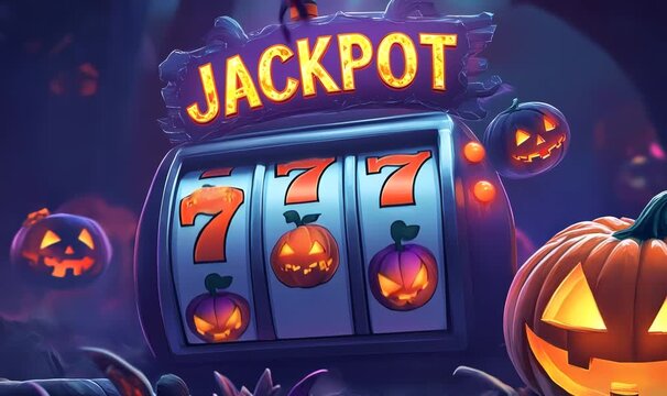 Slot machine showing jackpot during halloween party with pumpkins around