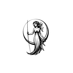 Elegant celestial figure with flowing dress and lunar crescent holding a spear evoking ethereal