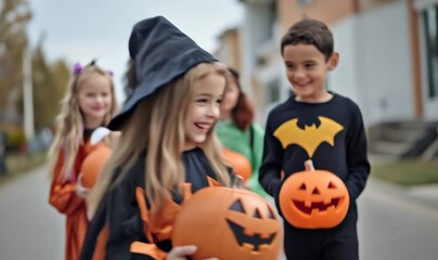Happy children wearing halloween costumes holding jack-o'-lanterns while trick-or-treating outdoors - Powered by Adobe