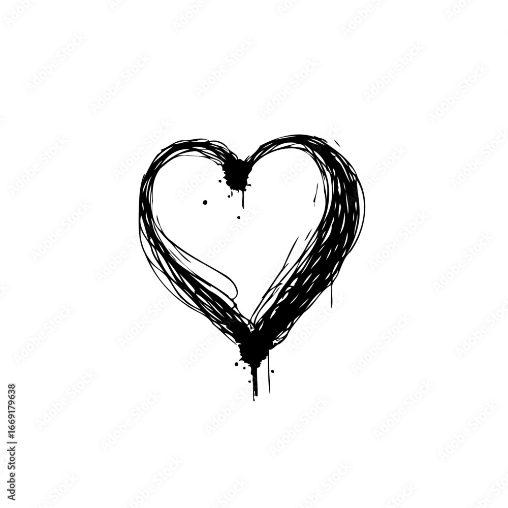 Poster expressive monochrome representation of a heart shape with dynamic lines and artistic splatters