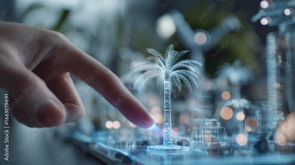 Poster focused medium shot capturing a palm activating a transparent holographic display with soft bokeh ef
