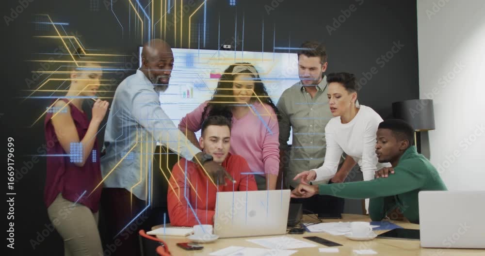 Aufkleber colleagues focusing on laptop, generating overlays visualizing data networks for tech review