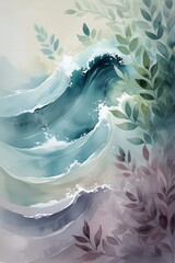 Watercolor Waves and Foliage