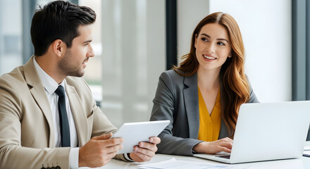 Two smiling business professionals collaborate on a project, using laptops and tablets in a modern office setting, showcasing teamwork and success.