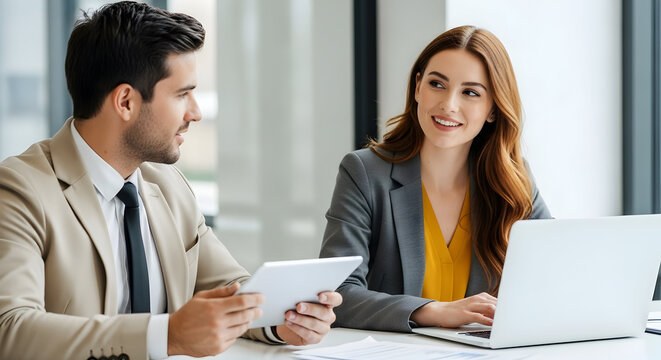 Two smiling business professionals collaborate on a project, using laptops and tablets in a modern office setting, showcasing teamwork and success.