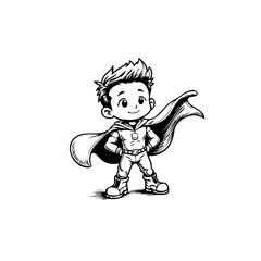 Illustrative young hero figure standing in confidence, ready for adventure with flowing cape