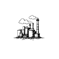 Industrial complex illustration showing various factory buildings and a towering chimney spewing