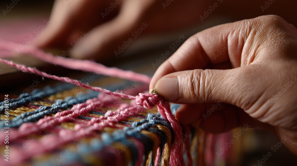 Poster close medium shot showcasing the precise process of tying resist knots on fabric strands with the re