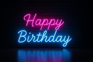 Obraz premium Neon Pink and Blue Happy Birthday Sign on Brick Wall for Celebration
