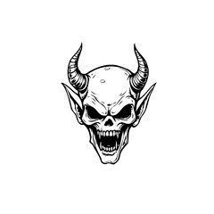 Intricate devil head drawing with detailed horns and sharp fangs offering a dark and menacing
