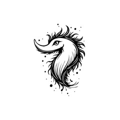 Intricate linework conveys a fanciful bird figure in monochrome with stylized plumage and surreal