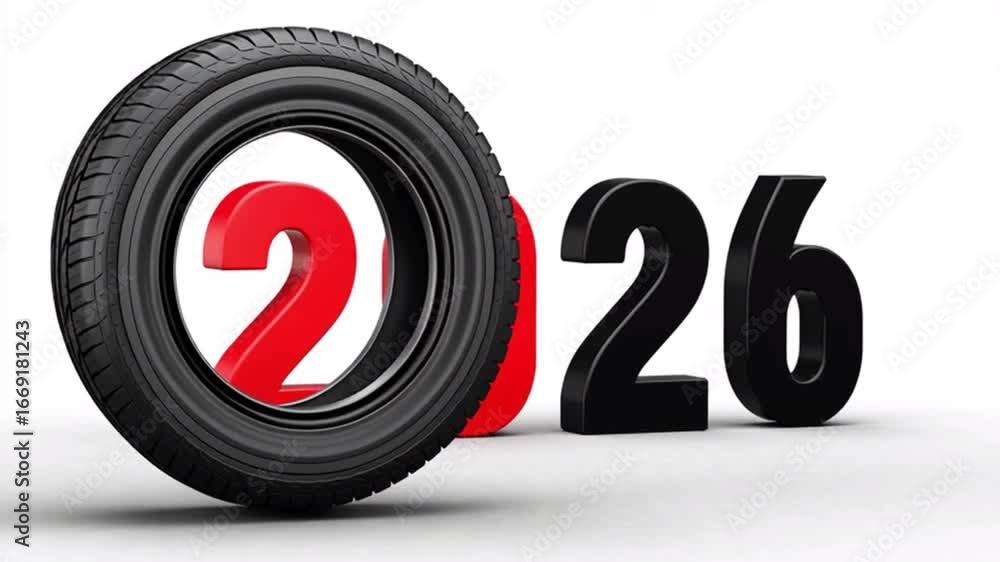 Poster a tire is placed on the ground with the number 2026 written in red letters.