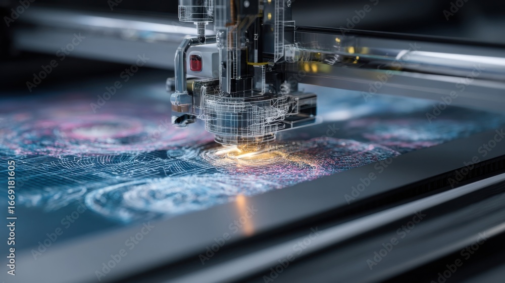 Poster a detailed view of the automated cutting machine slicing through the flexible led wallpaper with a f