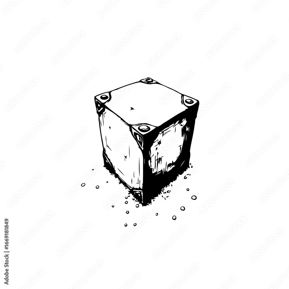Poster monochromatic stylized cube with corner accents creates artistic depth through shading and texture