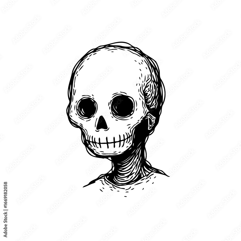 Poster monochrome depiction of a skeletal visage rendered with nuanced linework hinting at mortality and