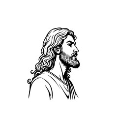 Monochrome depiction features bearded man with wavy hair looking aside captured from a side