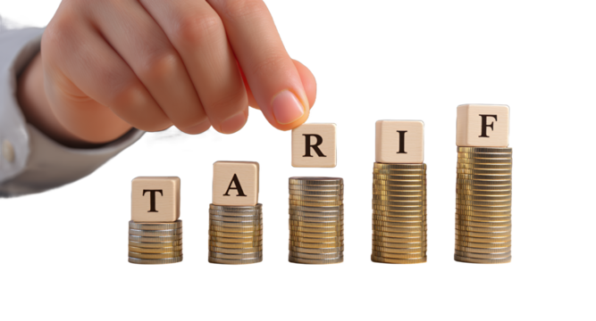 Tariff Concept with Stacks of Coins and Wooden Blocks