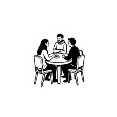 Monochrome illustration portraying three people engaged in conversation around a circular table