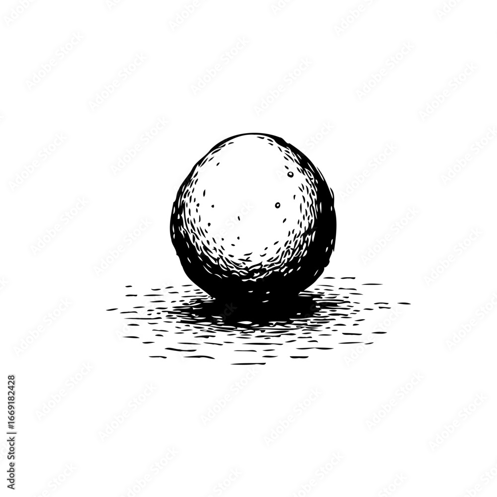 Poster monochrome sphere with crosshatching creating dimensional and textural rendering against a